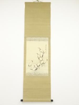 乙亥（1935年）　津田白印筆　群鶴　肉筆絹本掛軸（保護箱）